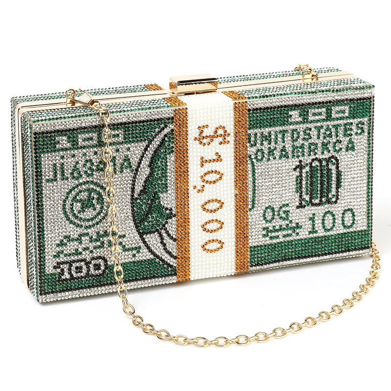 Clutch Purse for Women Cash Money Purse Rhinestone Handbags Evening Clutch Box Bag with Detachable Chain Strap (Green)