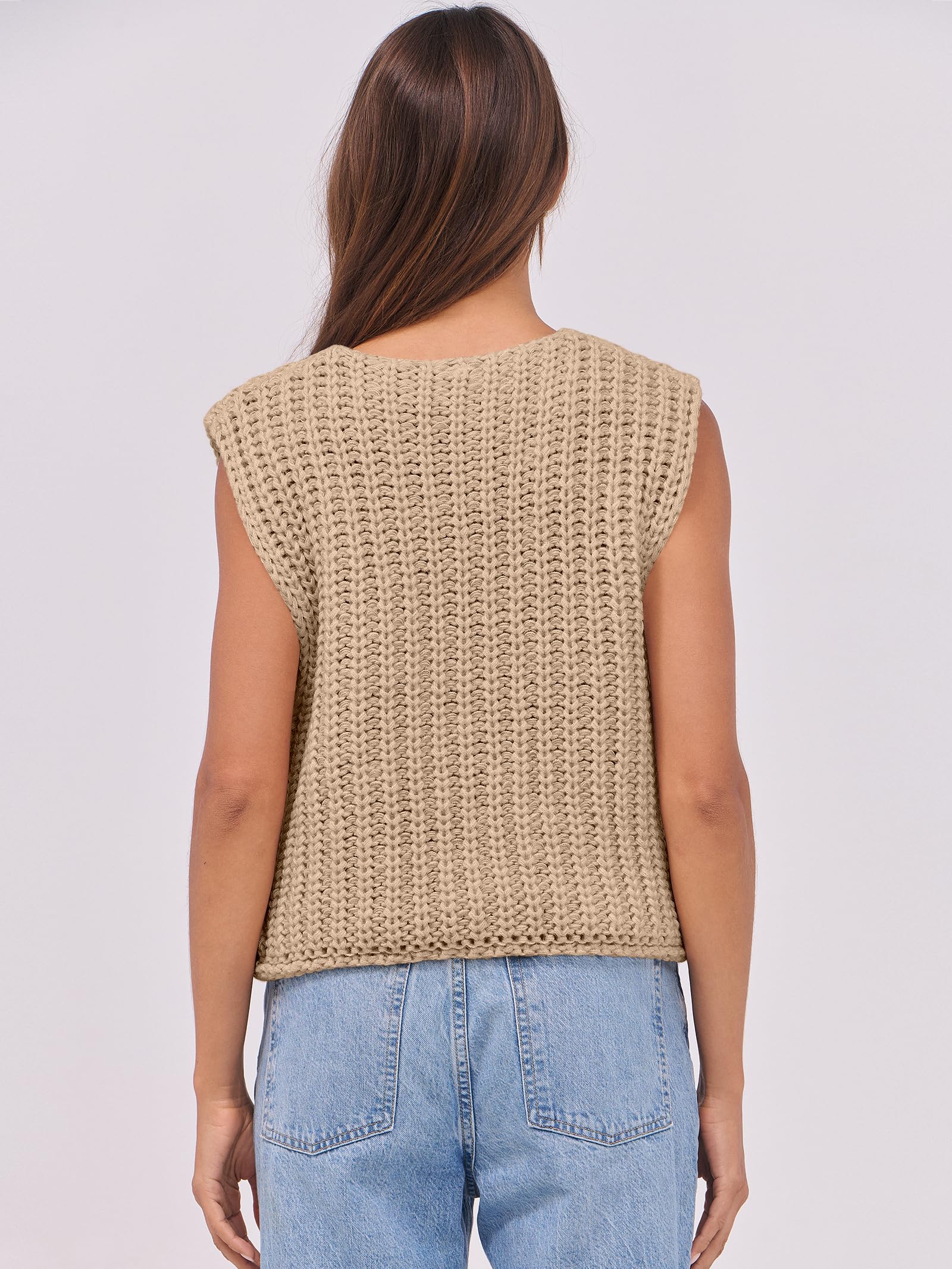 ANRABESS Women Chunky Knit Sweater Vest Button Down Casual Sleeveless Cardigan with Pockets Spring Trendy Outfits 2025 Khaki Small