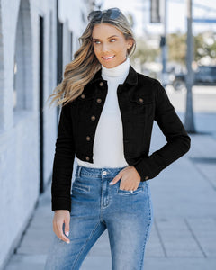 luvamia Women's Fashion Long Sleeve Denim Jean Jacket Black Cropped Denim Jacket True Black Size Medium