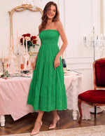 Load image into Gallery viewer, ZESICA Womens 2026 Summer Boho Strapless Midi Dresses Off Shoulder Smocked Eyelet Wedding Guest Beach Long Dress Pockets Green Small

