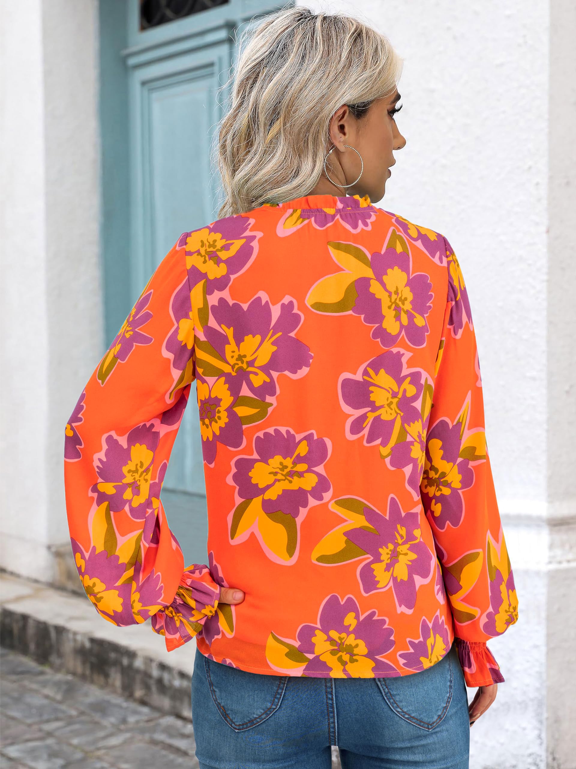 MASCOMODA Womens V Neck Floral Long Sleeve Tops 2025 Summer Casual Loose Puff Sleeve Chiffon Boho Work Blouse Dressy T Shirts(Orange Purple Flower,Large)