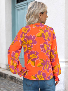 MASCOMODA Womens V Neck Floral Long Sleeve Tops 2025 Summer Casual Loose Puff Sleeve Chiffon Boho Work Blouse Dressy T Shirts(Orange Purple Flower,Large)