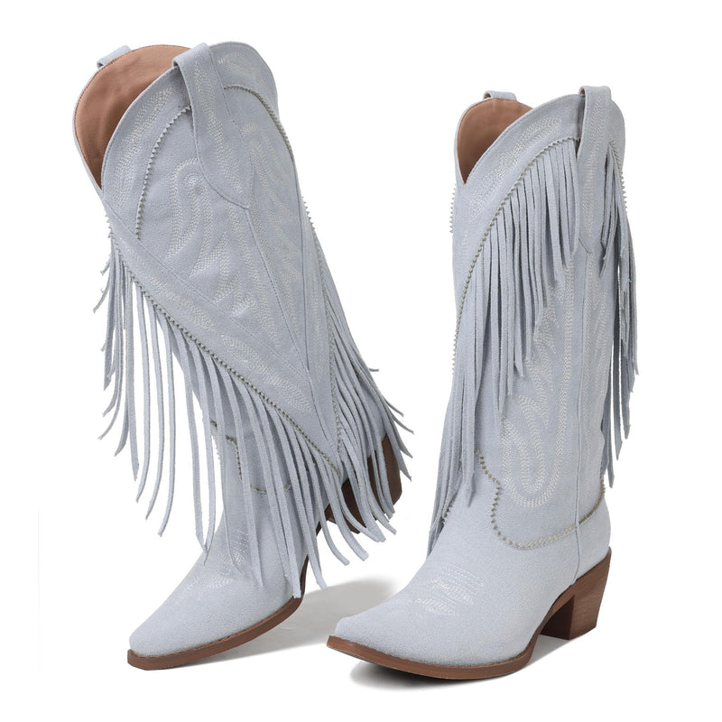 Grakihily Cowgirl Boots for Women Retro Pointed Toe Pull On Block Chunky Heel Embroide Fringe Country Concert Outfits Mid Calf Western Suede and Faux Leather Cowboy Boots,Skyblue Size 8