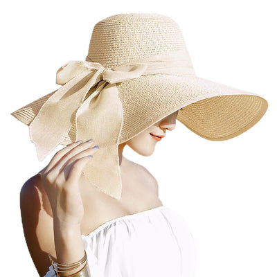 Lanzom Womens Big Bowknot Straw Hat Floppy Foldable Roll up Beach Cap Sun Hat UPF 50+ (Beige, One Size)