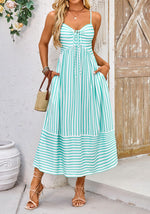 Load image into Gallery viewer, Fashionme Summer Maxi Dresses for Women 2026 Striped Vacation Beach Long Sundresses A Line Casual Flowy Boho Spaghetti Strap Backless V Neck Sleeveless with Pockets
