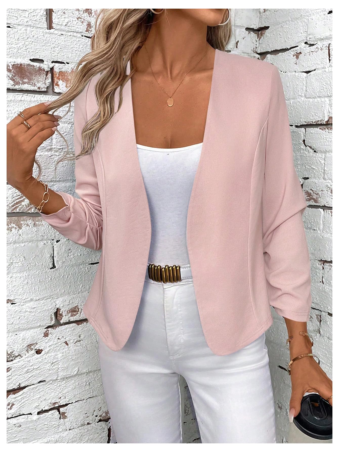 SweatyRocks Women's Polka Dots Lightweight 3/4 Sleeve Jackets Open Front Long Sleeve Elegant Jacket Outwear Pink X-Large
