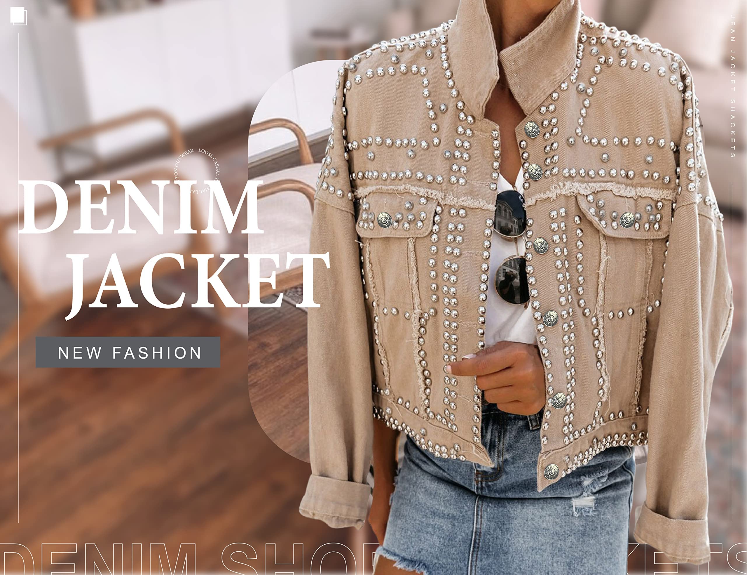 Omoone Women's Long Sleeve Rivet Studded Denim Jacket Casual Washed Pearl Short Jean Coat(2140-KhakiX1-L)