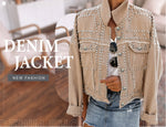 Load image into Gallery viewer, Omoone Women&#39;s Long Sleeve Rivet Studded Denim Jacket Casual Washed Pearl Short Jean Coat(2140-KhakiX1-L)
