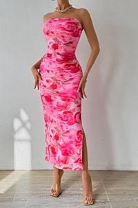 PRETTYGARDEN Women's Summer Maxi Bodycon Dresses Strapless Tube Top Printed Long Party Club Slit Dress (Print Pink,Medium)
