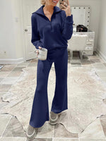 Load image into Gallery viewer, ANRABESS Women 2 Piece Outfits 2025 Fall Fashion Airport Wide Leg Pants Lounge Set Leisure Travel Vacation Clothes Sweatsuits Navy Blue Medium
