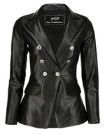 Load image into Gallery viewer, Jild Double Breasted Fancy Buttons Lambskin Leather Blazer Women - Kim Kardashian Long Sleeve Coat Style Leather Jacket Women (FC-Blk-M)
