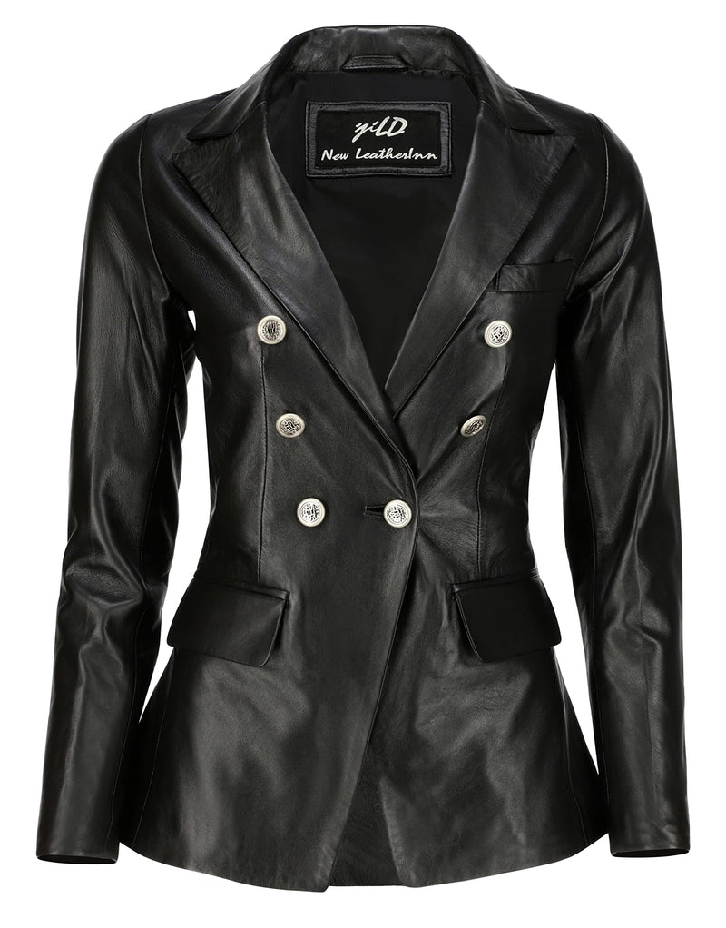 Jild Double Breasted Fancy Buttons Lambskin Leather Blazer Women - Kim Kardashian Long Sleeve Coat Style Leather Jacket Women (FC-Blk-M)