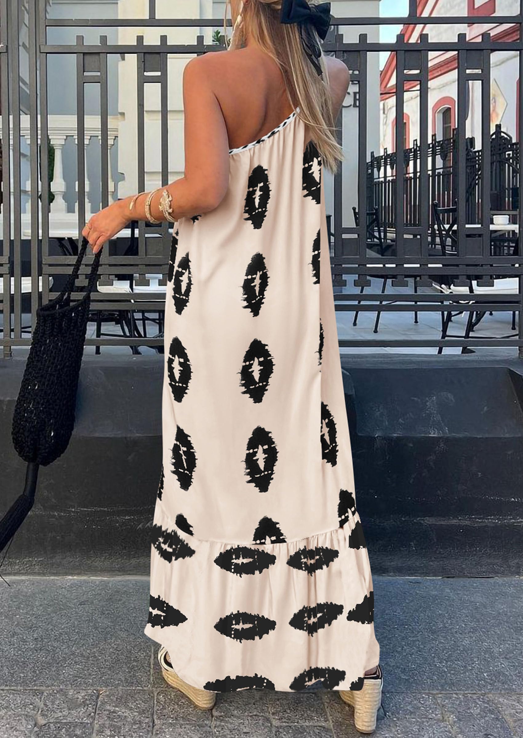 PRETTYGARDEN Women's Summer One Shoulder Maxi Dresses Printed Flowy Boho Beach Vacation Long Sundress (Beige Black Floral,Small)