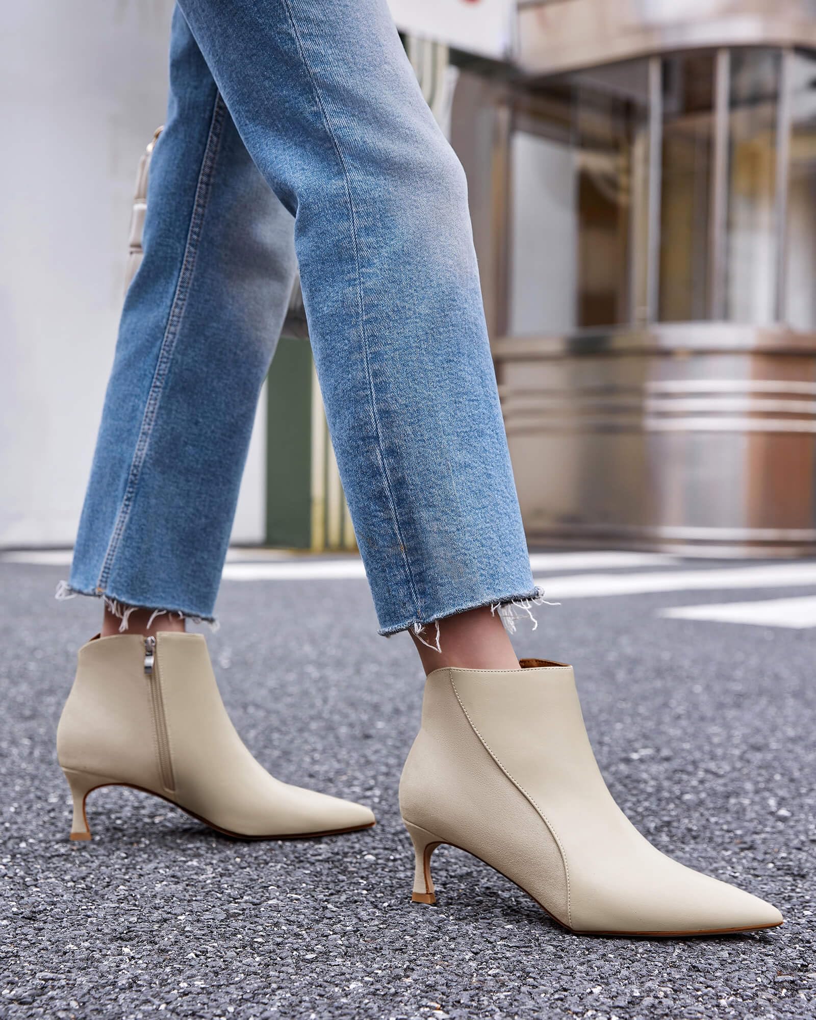 Coutgo Womens Kitten Heel Ankle Boots Pointed Toe Side Zipper Fall Winter Booties Shoes, Beige, Size 7.5