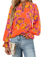 Load image into Gallery viewer, MASCOMODA Womens V Neck Floral Long Sleeve Tops 2025 Summer Casual Loose Puff Sleeve Chiffon Boho Work Blouse Dressy T Shirts(Orange Purple Flower,Large)
