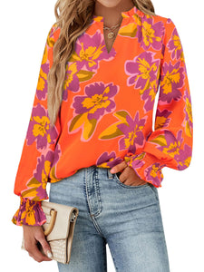 MASCOMODA Womens V Neck Floral Long Sleeve Tops 2025 Summer Casual Loose Puff Sleeve Chiffon Boho Work Blouse Dressy T Shirts(Orange Purple Flower,Large)