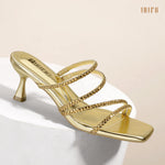 Load image into Gallery viewer, IDIFU Rhinestone Heels Gold Strappy Low Kitten Square Open Toe Mule Heels Wedding Bridal Prom Party Dress Shoes for Women Comfortable Dressy Formal Sparkly Slip On Heeled Sandals (Gold Pu, 8)
