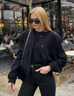 Load image into Gallery viewer, Megfie Womens Cropped Bomber Jacket Button Down Varsity Jackets Shackets with Pockets(0394-Black-M)
