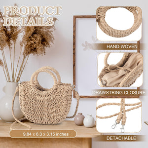 Oudain 6 Pcs Semi Circle Rattan Straw Bags Straw Purses for Women Summer Beach Tote Bags Hand Woven Cross Body Handbag