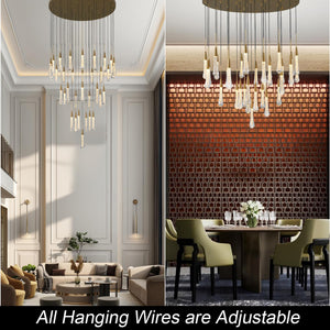 34-Light Gold Chandeliers for High Ceilings, Large Raindrop Chandelier for Foyer, Entryway, Staircase, Luxury Long Big Hanging Light Fixtures with Glass, Brass Pendant Light Fixtures Living Room