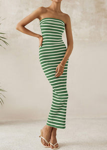 PRETTYGARDEN Women's Summer Bodycon Maxi Tube Dress Ribbed Strapless Side Slit Long Going Out Casual Elegant Party Dresses (Wide Striped Green White,Small)