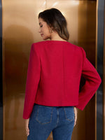 Load image into Gallery viewer, M.Infisavo 2025 Women Tweed Jacket Cropped Blazers Fall Winter Elegant Round Neck Pockets Business Casual Outfit, Red, Medium
