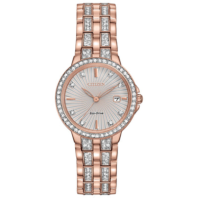 Citizen Women's Eco-Drive Dress Classic Crystal Watch in Rose-tone Stainless Steel, Silver Dial (Model: EW2348-56A)