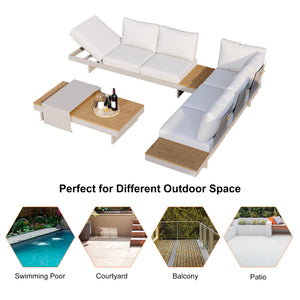 homary 6 Piece Aluminum & Teak Outdoor Sofa Set, Patio Sofa Seat L-Shaped Outdoor Sectional Sofa Set with Adjustable Backrests/Waterproof/Fade Resistant Cushions Ideal for Patios/Balconies,Light Gray