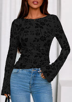 Load image into Gallery viewer, PRETTYGARDEN Women Long Sleeve Floral Mesh Tops Blouse 2025 Fall Trendy Boat Neck Ruched Fitted Shirt Going Out Date Outfits (Black,Medium)
