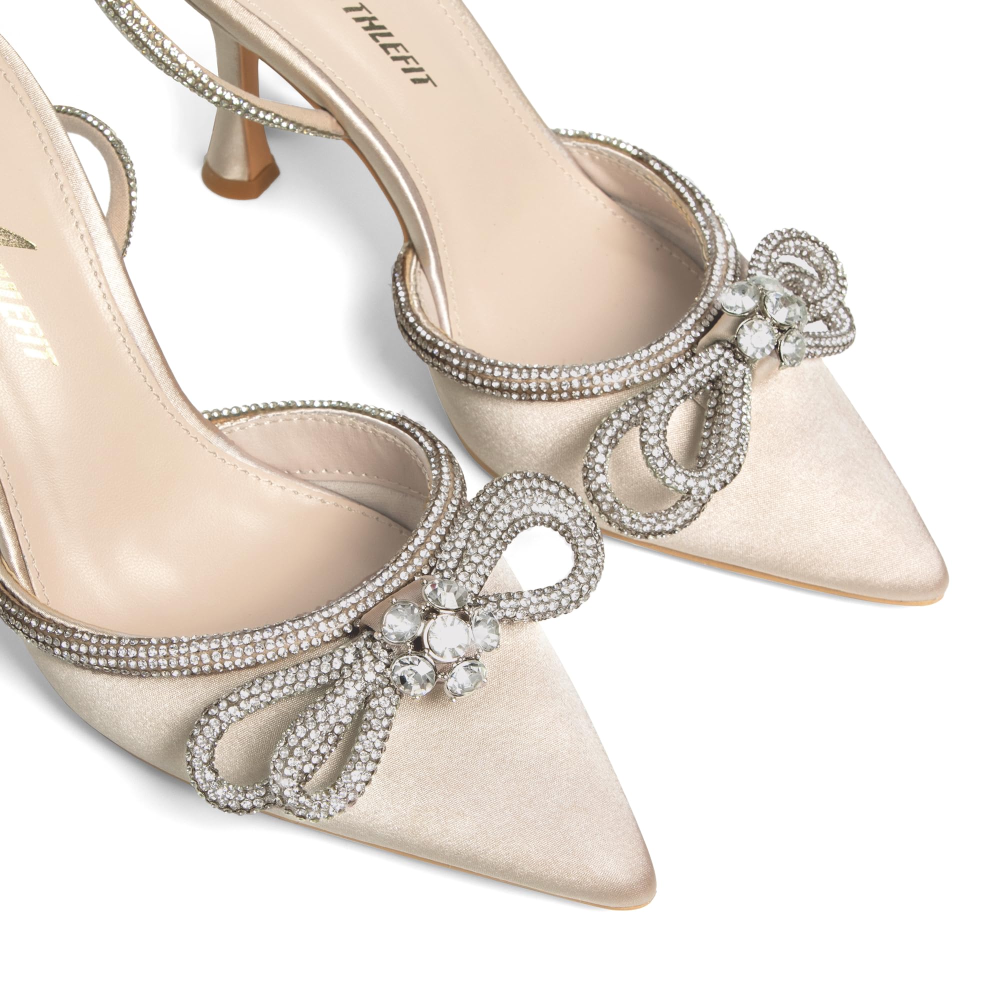 Athlefit Women's Rhinestone Bow Heels Ankle Strap Pointed Toe Stiletto Heeled Sandals Wedding Bridal Dress Pumps Shoes Apricot Size 8