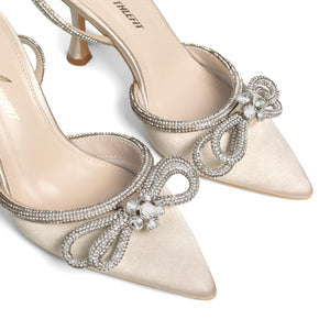 Athlefit Women's Rhinestone Bow Heels Ankle Strap Pointed Toe Stiletto Heeled Sandals Wedding Bridal Dress Pumps Shoes Apricot Size 8