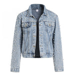 Load image into Gallery viewer, LifeShe Women's Pearls Denim Jacket Cropped Rhinestones Jean Jacket Coat
