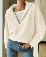 Load image into Gallery viewer, BTFBM Womens Sweaters Quarter Zip Pullover V Neck Collar Long Sleeve Ribbed Knit Loose Casual 2025 Winter Fall Sweater(White, Small)
