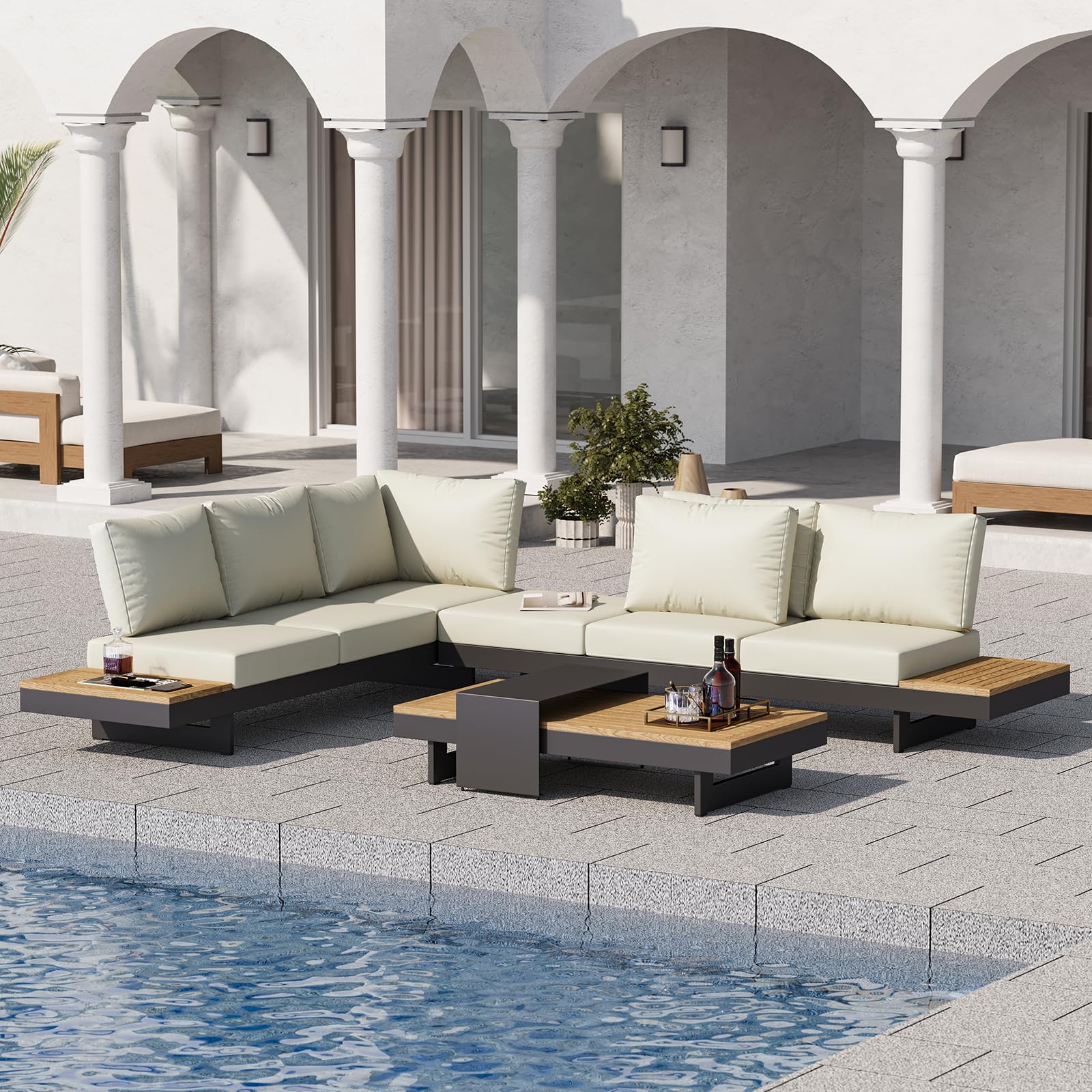 homary 6 Piece Aluminum & Teak Outdoor Sofa Set, Patio Sofa Seat L-Shaped Outdoor Sectional Sofa Set with Adjustable Backrests, Waterproof, Fade Resistant Cushions Ideal for Patios & Balconies,Beige