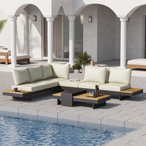 homary 6 Piece Aluminum & Teak Outdoor Sofa Set, Patio Sofa Seat L-Shaped Outdoor Sectional Sofa Set with Adjustable Backrests, Waterproof, Fade Resistant Cushions Ideal for Patios & Balconies,Beige