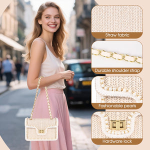 OWGSEE Straw Crossbody Bags for Women Summer Pearl Straw Clutch Purse Woven Shoulder Bag Vacation Handbags (Medium)