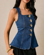Load image into Gallery viewer, EZAPINE Women's Metal Button Front Denim Tank Top Sleeveless Square Neck Slim Fit Jean Vest

