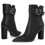 Load image into Gallery viewer, Zamikoo Women Boots Ankle Block Chunky Heel Pointed Toe Beaded High Heeled Fall Short Booties Buckle Strap Side Zipper 3.5 Inches Matte Black US Size 7
