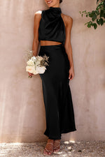 Load image into Gallery viewer, PRETTYGARDEN Women&#39;s 2 Piece Satin Outfits Summer Sleeveless Mock Neck Crop Tops and Long Skirt Dress Sets (Black,Medium)
