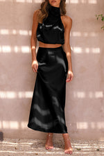 Load image into Gallery viewer, PRETTYGARDEN Women&#39;s 2 Piece Satin Outfits Summer Sleeveless Mock Neck Crop Tops and Long Skirt Dress Sets (Black,Medium)
