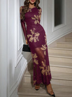 Load image into Gallery viewer, Verdusa Women&#39;s Floral Mesh Maxi Dresses Long Sleeve Elegant Formal Fall Wedding Guest Dress Cocktail Slimming Dress Wine Red Medium
