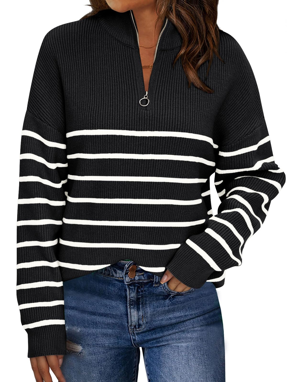 LILLUSORY Women's Quarter Zip Striped Oversized Sweater 2025 Mock Turtleneck Fall Fashion Outfit Black-White M