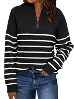 Load image into Gallery viewer, LILLUSORY Women&#39;s Quarter Zip Striped Oversized Sweater 2025 Mock Turtleneck Fall Fashion Outfit Black-White M

