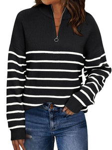 LILLUSORY Women's Quarter Zip Striped Oversized Sweater 2025 Mock Turtleneck Fall Fashion Outfit Black-White M