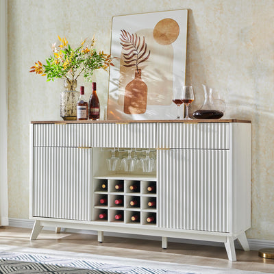 OKD Fluted Wine Bar Cabinet for Liquor, 60" Modern Coffee Bar Cabinet w/Wine & Glass Rack, Large Buffet Sideboard w/ 3 Storage Drawers & Adjustable Shelves for Home, Dining Room, Kitchen, Solid White