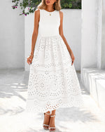 Load image into Gallery viewer, dowerme Women Summer Dresses 2026 Casual Sleeveless Crewneck A-Line Boho Lace Eyelet Cotton Tank Maxi Dress with Pockets(White,Medium)
