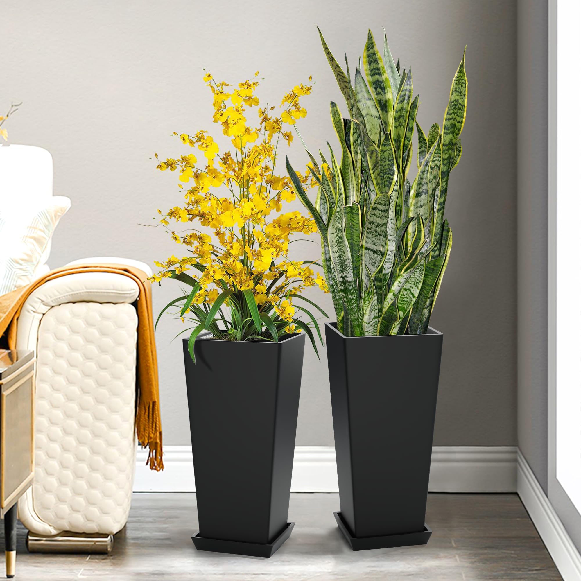 TUYOHW Set of 2 Large Planter for Indoor or Outdoor 24" Tall Flower Pots Tapered Planters with Tray for Porch, Patio, Backyard, Large Planters for Outdoor Indoor Plants (Black)