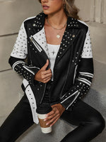 Load image into Gallery viewer, Bellivera Women Faux Leather Jacket Studded Rivet Floral Moto Biker Coat 0376A Blackwhite M
