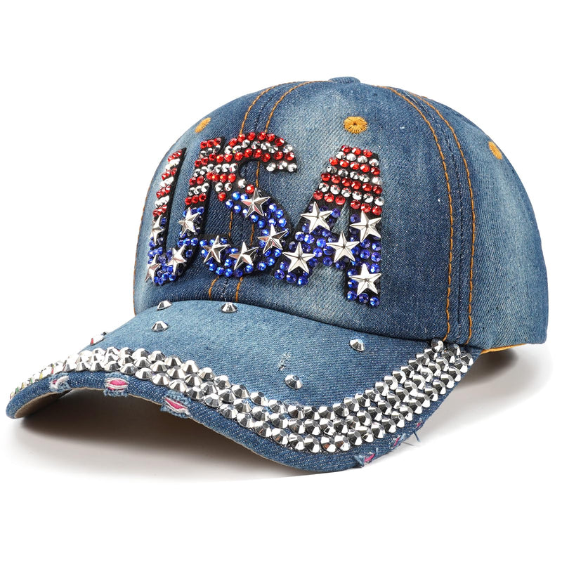 Budsmile American USA Baseball Caps Rhinestone Bling Sparkle Independence Day 4th of July Hats Adjustable Patriotic Baseball Cap for Women Men Trucker Summer Sun Stars Stripes Ball Cap