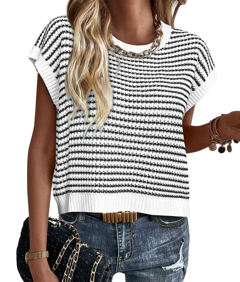 PRETTYGARDEN Womens Short Sleeve Sweater Spring Summer 2025 Round Neck Striped Pullover Cap Sleeve Knit Sweater Vest Tops(White,Medium)